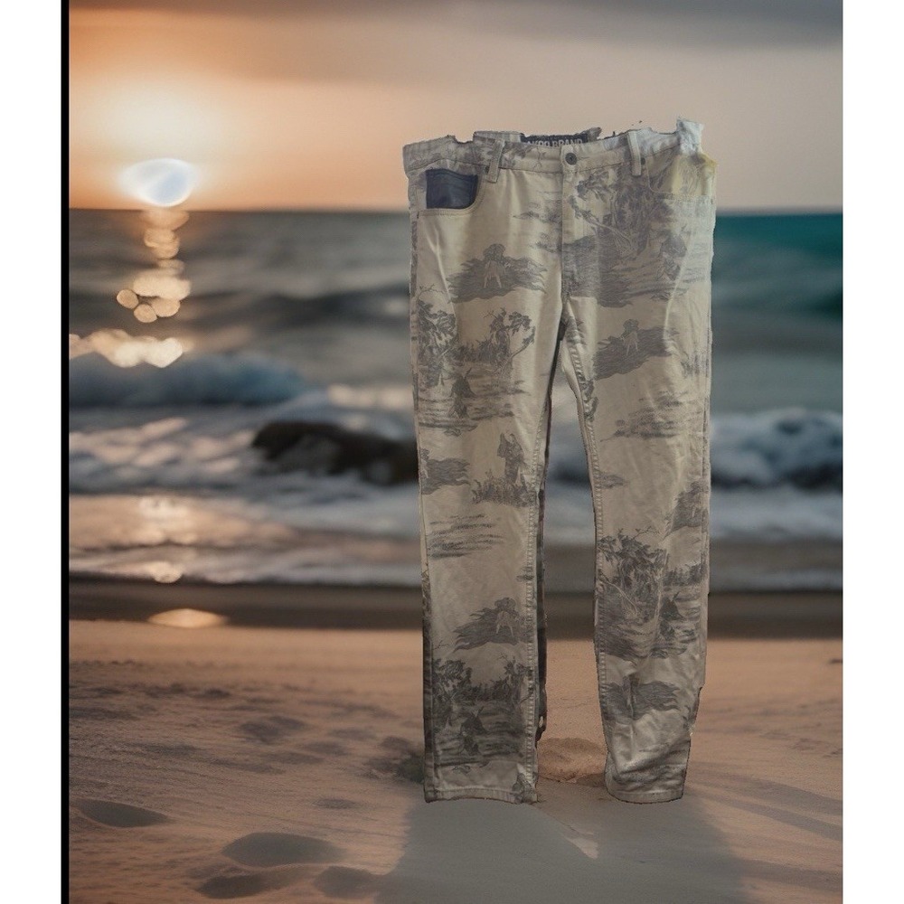 RP55 AKOO Brand Japanese Print Jeans Mens 38 38x32 Jeans Off White Asian Print